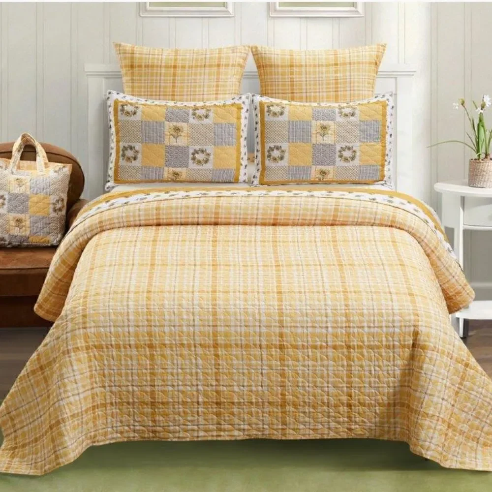 Farmhouse Sunflower Garden Patchwork Queen Printed Quilt Set
